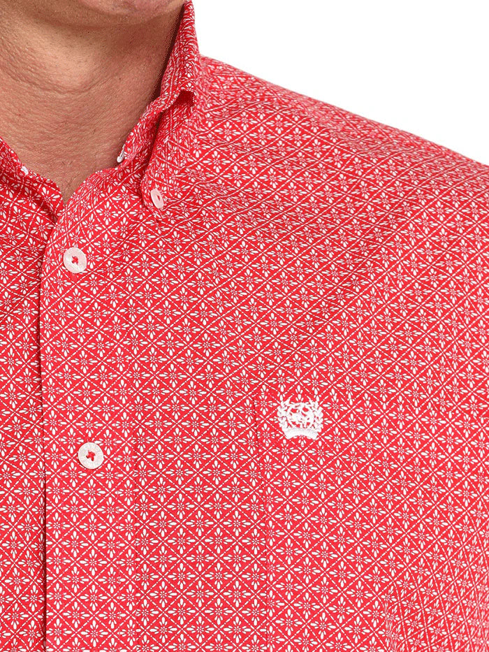 Cinch Men's Long Sleeve Button Down Red Geometric Print