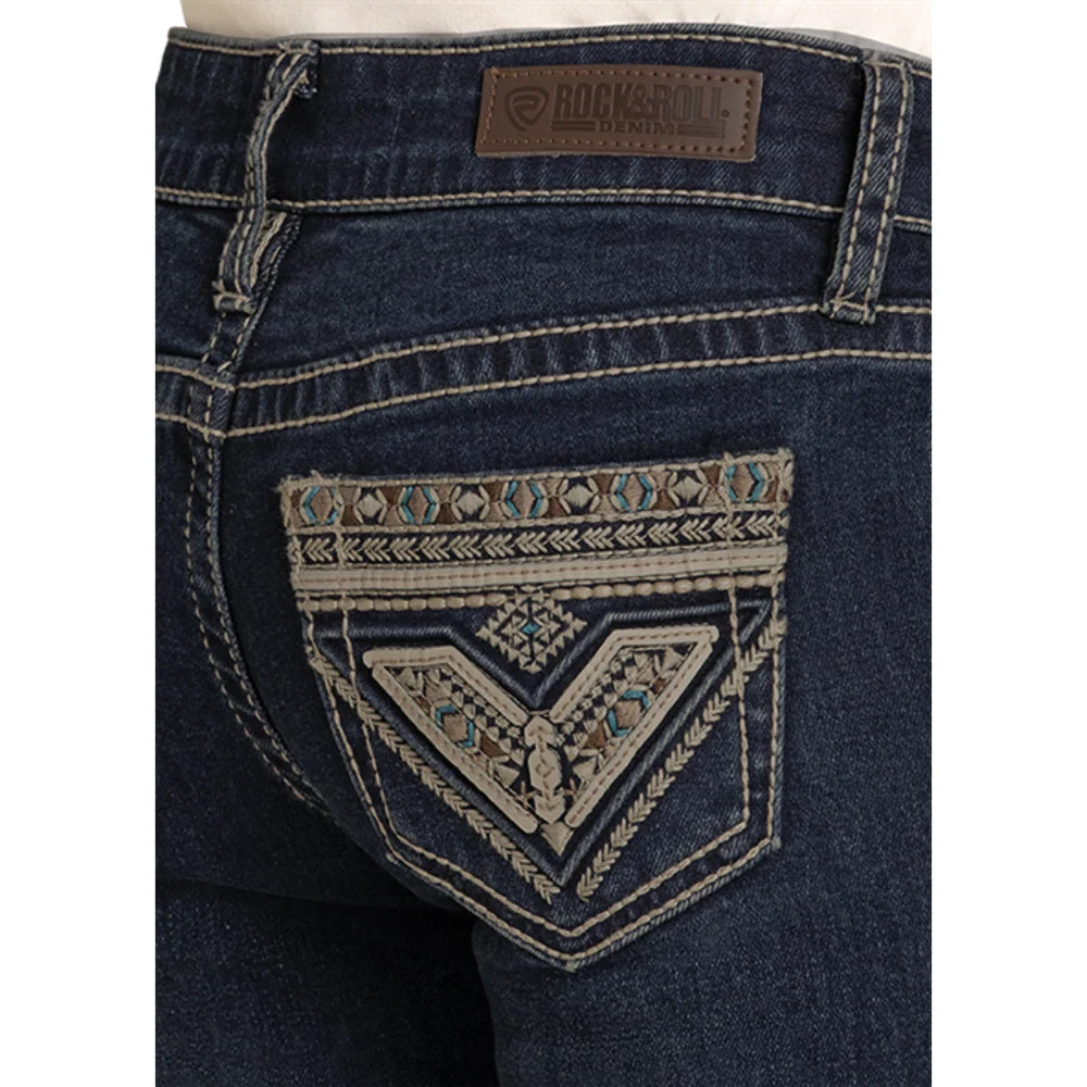 Rock & Roll Denim Youth Girl's Aztec Embroidery Dark Wash Bootcut Jean
