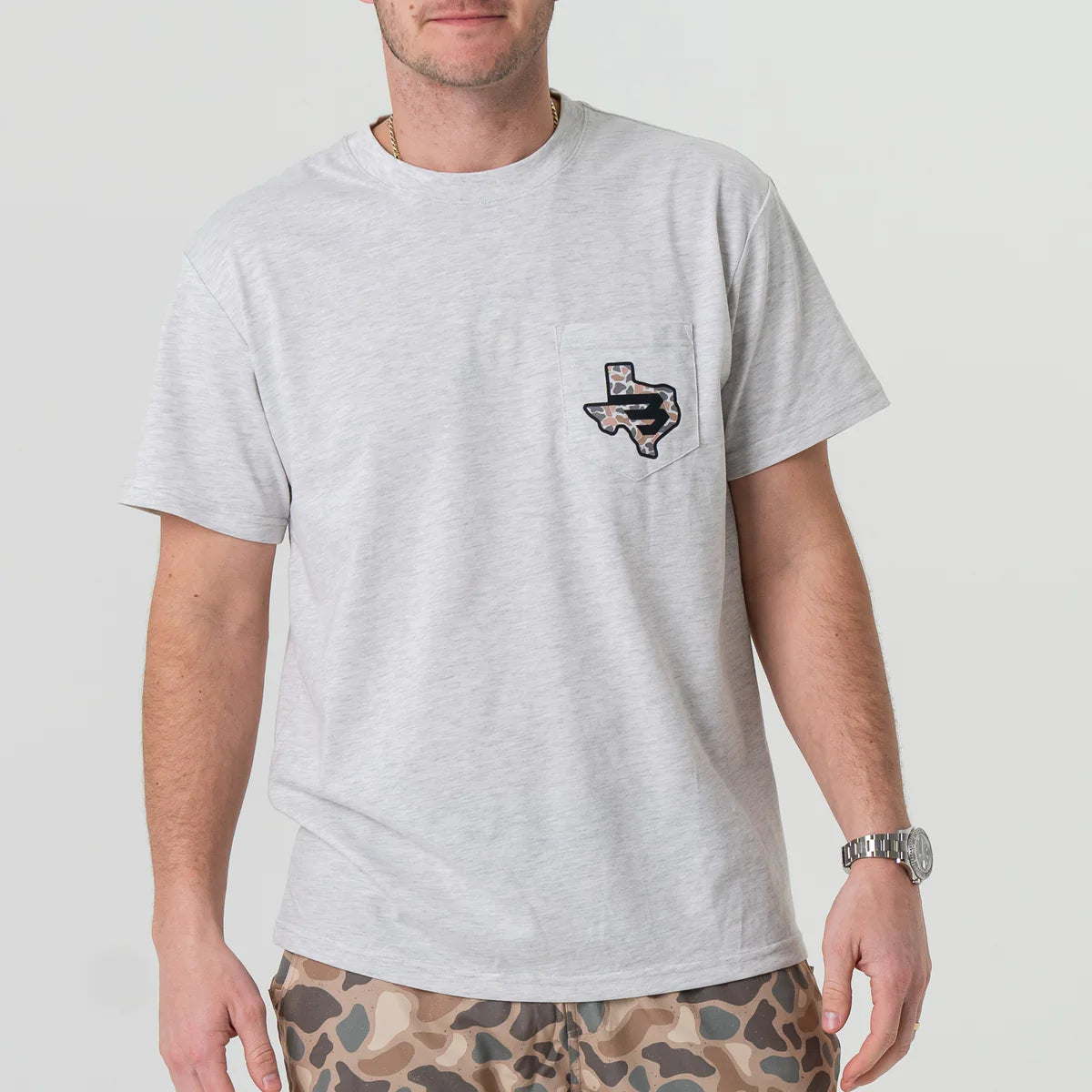 Short Sleeve Tee - Texas Camo Flying B Logo - Heather Ash Grey