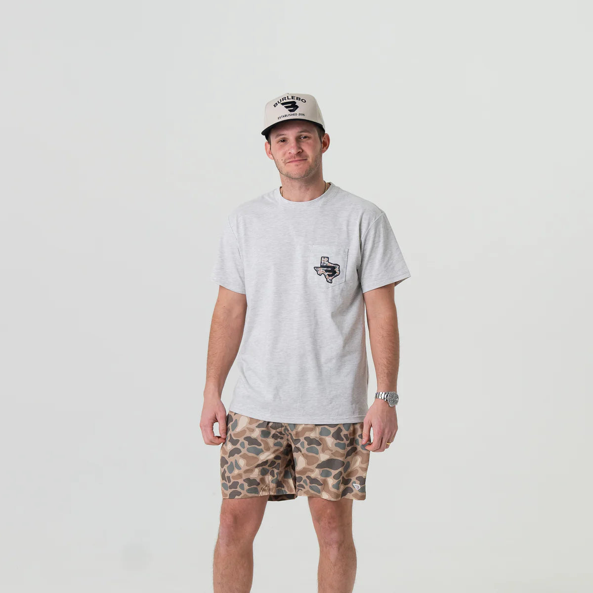 Short Sleeve Tee - Texas Camo Flying B Logo - Heather Ash Grey