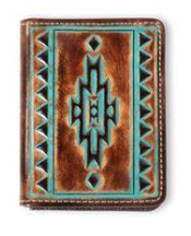 Ariat Mens Bifold Flip Style Wallet Turquoise Outline Southwestern Brown