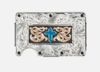 3D Mens Utility Wallet Turquoise Cross Motif Silver