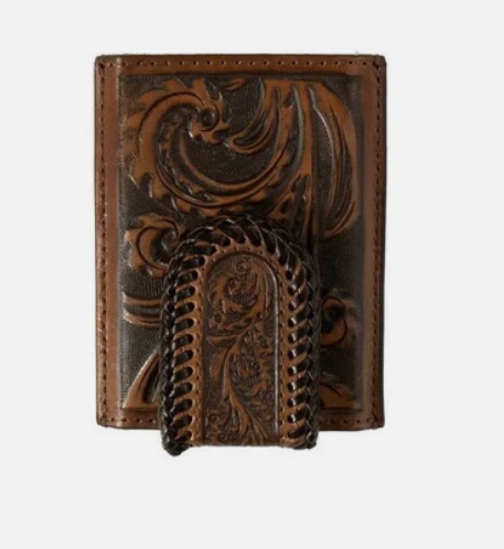 3D Mens Utility Wallet Scroll Embossed Edge Lace Brown