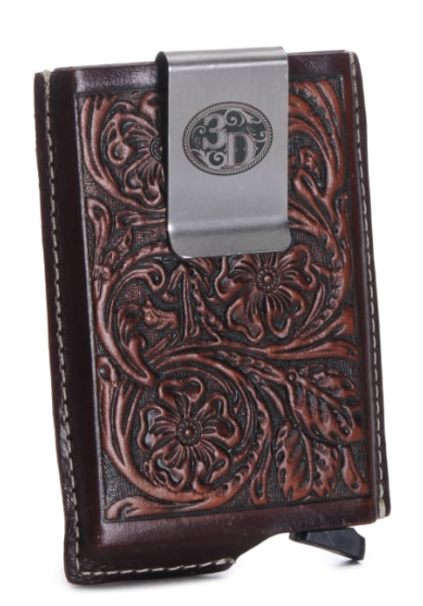 3D Men's Brown Tooled Leather with Aluminum Alloy Body and Money Clip Card Holder
