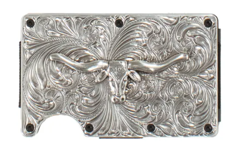 3D Belt Co. Silver Etched Metal Longhorn Card Case