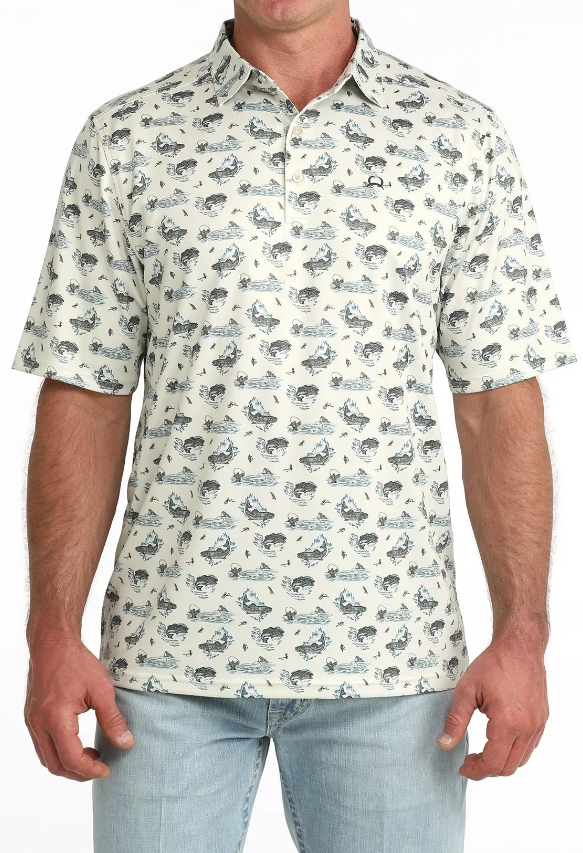 Cinch Arenaflex Cream Fish Print Polo