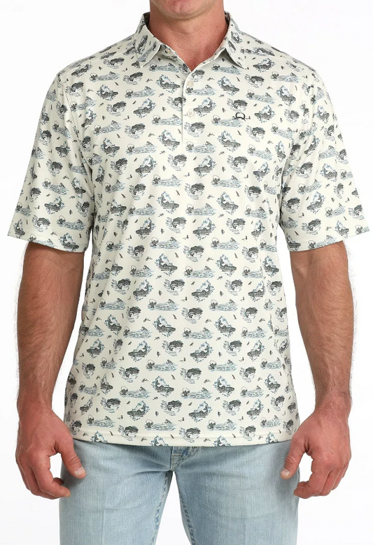 Cinch Arenaflex Cream Fish Print Polo