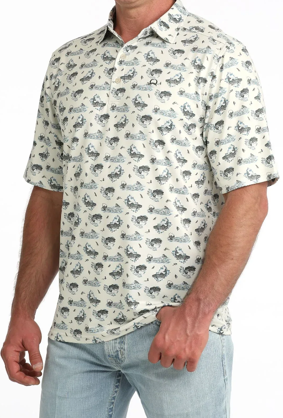 Cinch Arenaflex Cream Fish Print Polo