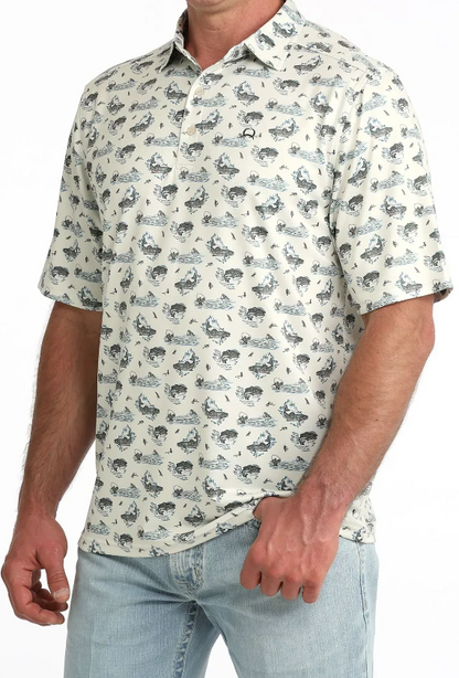 Cinch Arenaflex Cream Fish Print Polo