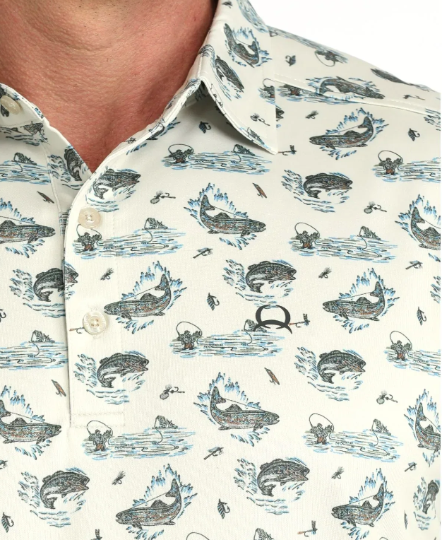 Cinch Arenaflex Cream Fish Print Polo