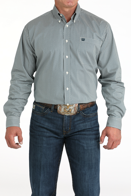 CINCH MEN'S BUTTON DOWN SHIRT- TEAL STRETCH GEOMETRIC PRINT