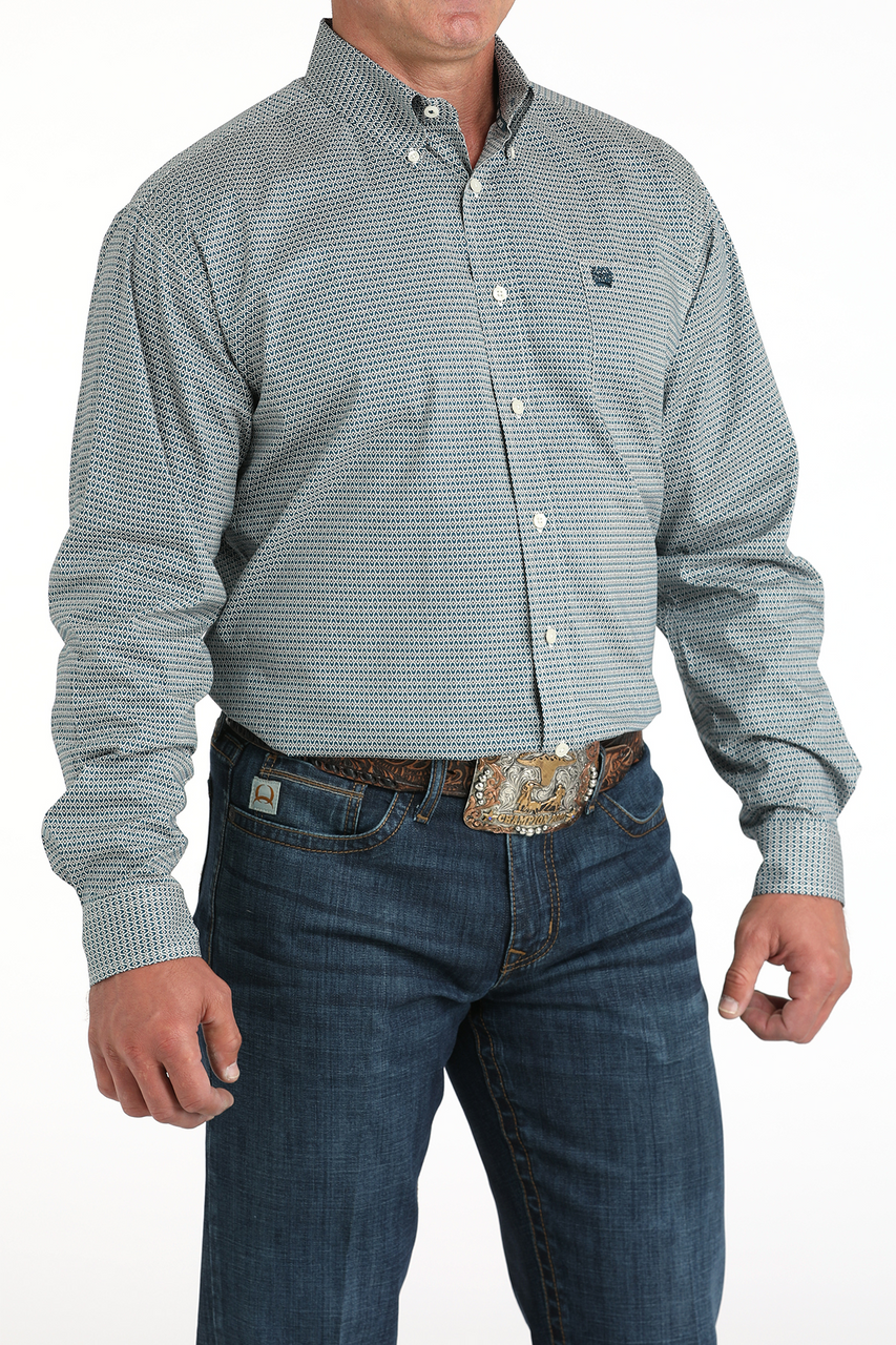 CINCH MEN'S BUTTON DOWN SHIRT- TEAL STRETCH GEOMETRIC PRINT