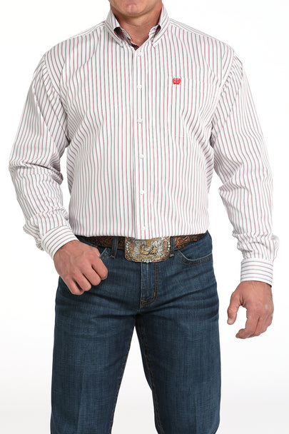 Cinch Men's Long Sleeve Button Down White Striped Print