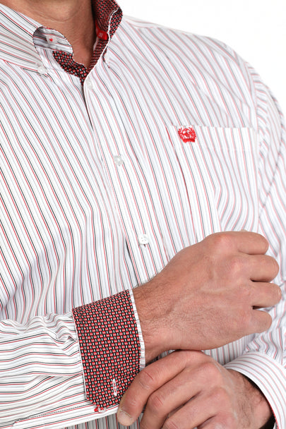 Cinch Men's Long Sleeve Button Down White Striped Print