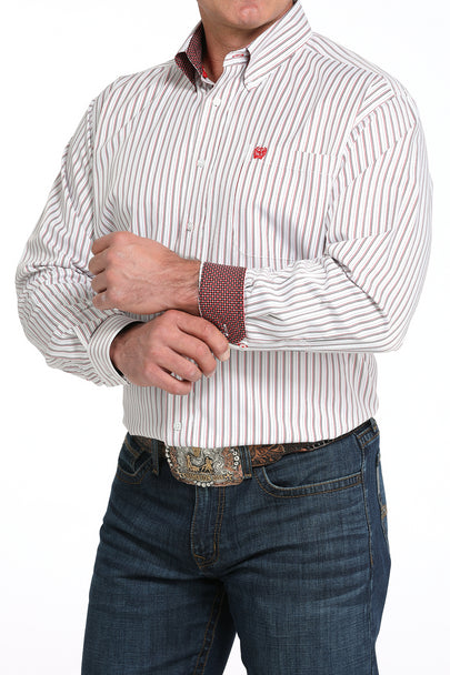 Cinch Men's Long Sleeve Button Down White Striped Print