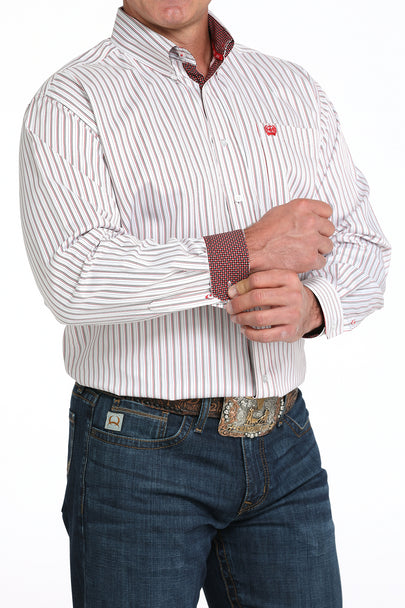 Cinch Men's Long Sleeve Button Down White Striped Print