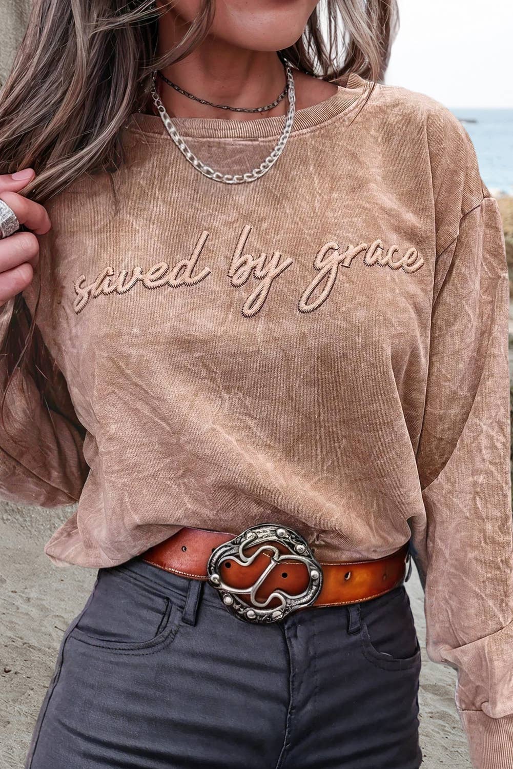 Saved by Grace | Embroidery Mineral Wash Sweatshirt