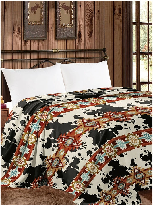 Rust Aztec Cowhide Blanket - Queen Size