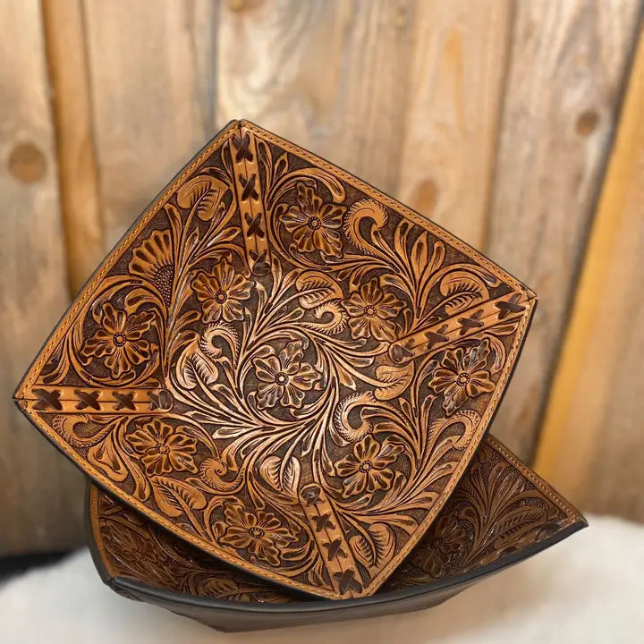 Natural Tooled Leather Floral Bowl