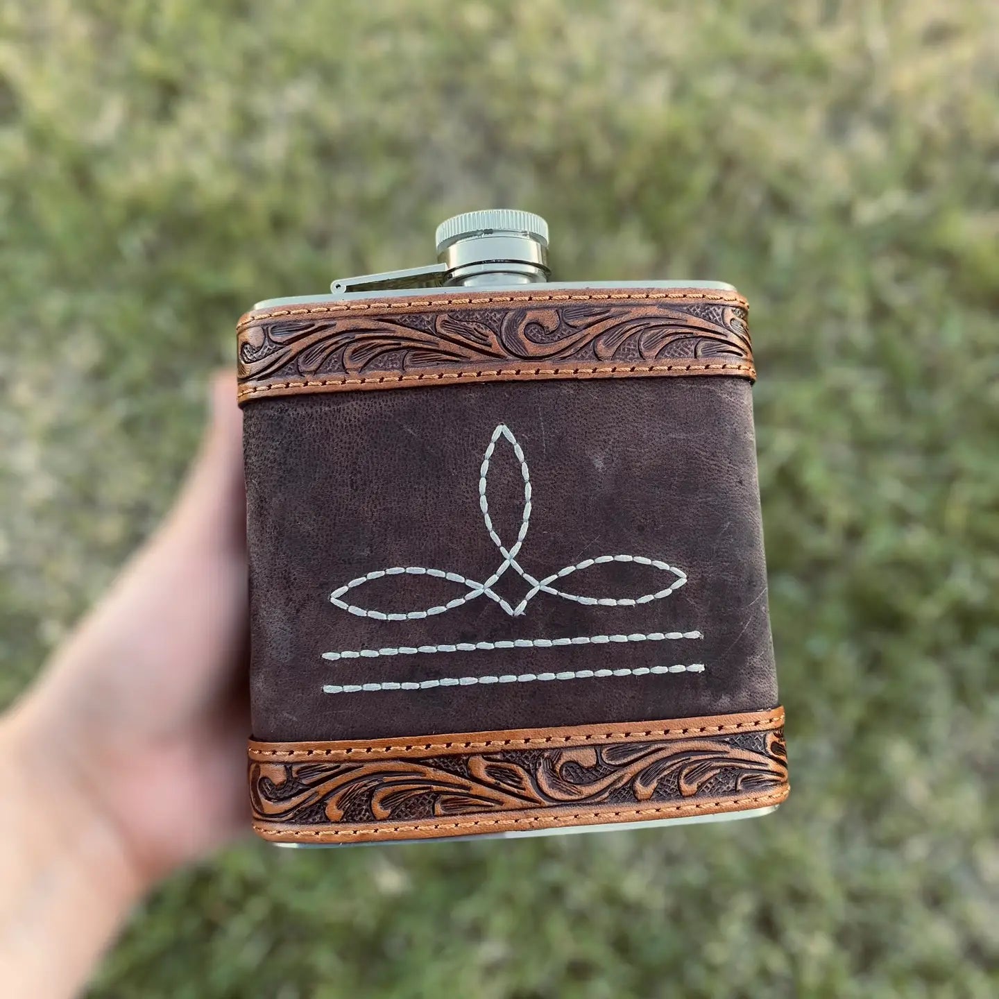 Boot Stitch Leather Flask- 16oz