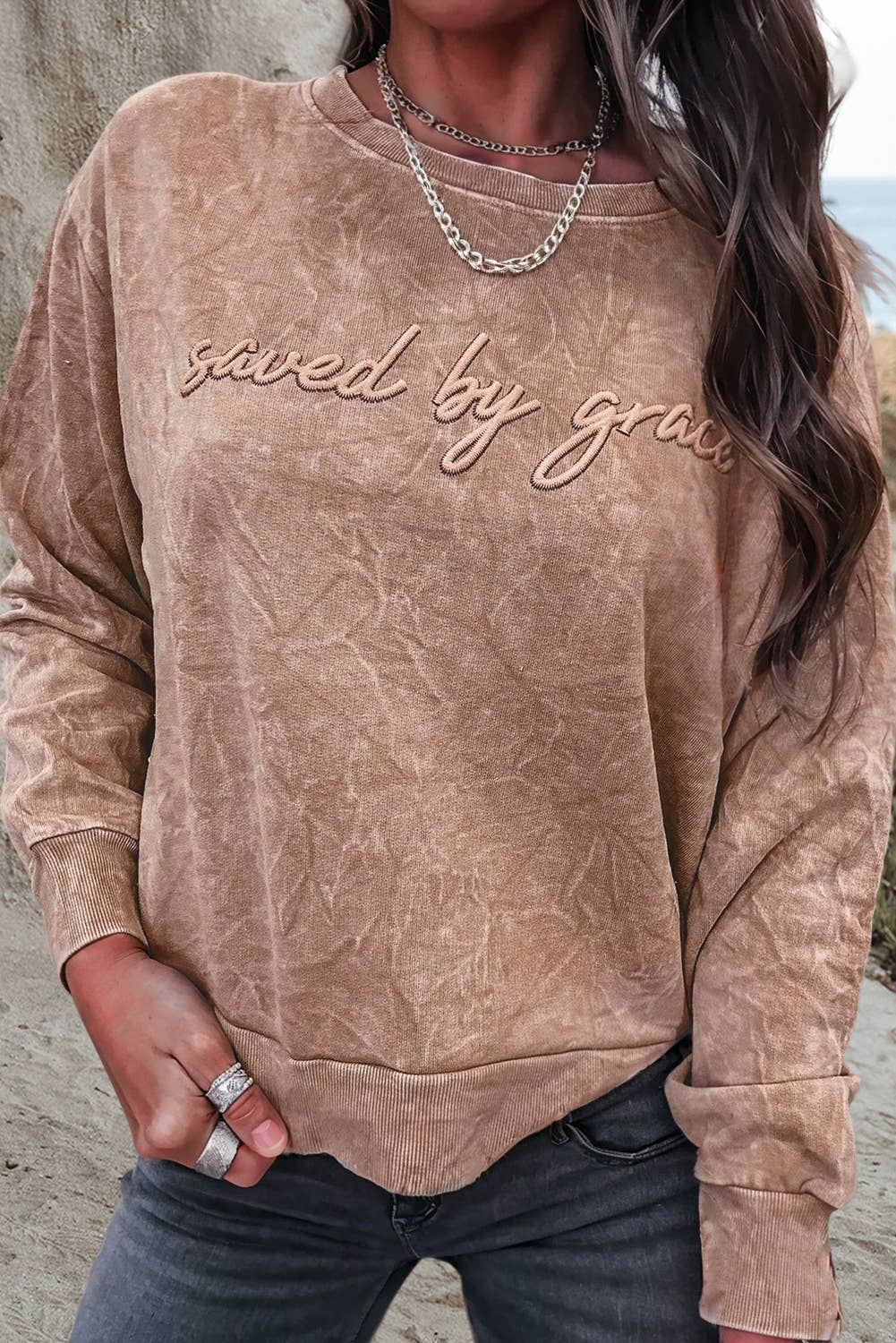 Saved by Grace | Embroidery Mineral Wash Sweatshirt
