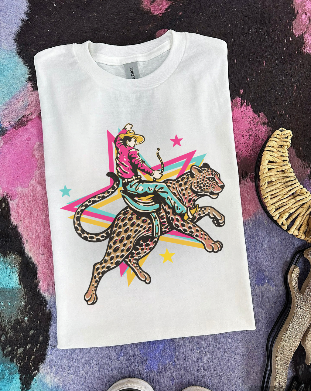 Neon Retro Cowboy Jaguar Tee
