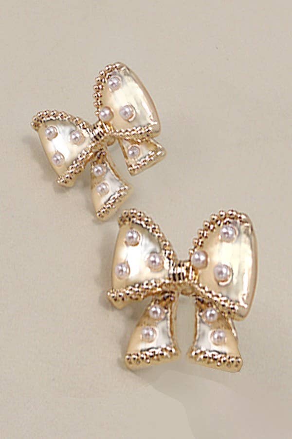 Gold Pearl Bow Stud Earrings