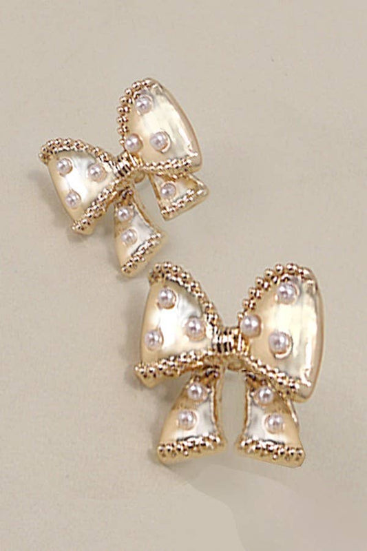 Gold Pearl Bow Stud Earrings
