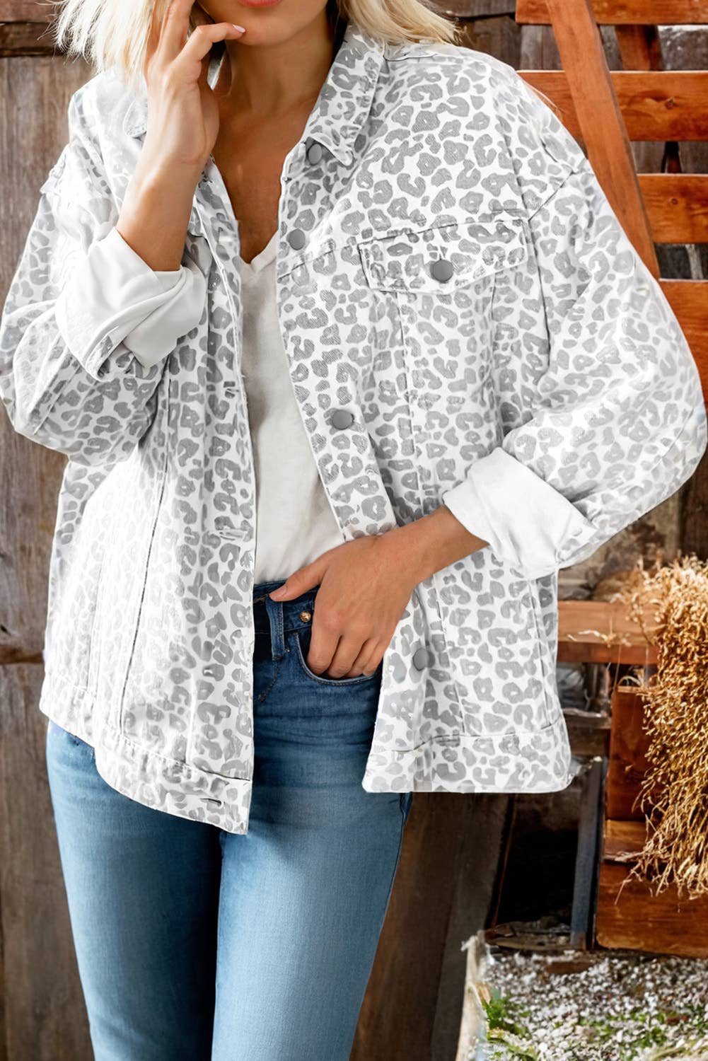 Leopard Flap Pocket Denim Jacket