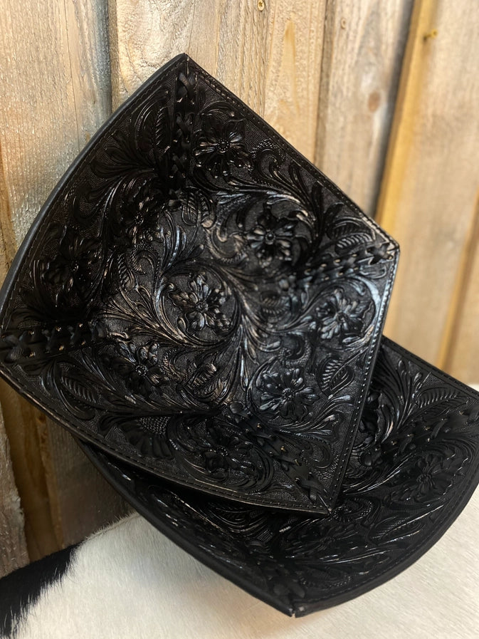 Black Tooled Leather Floral Bowl