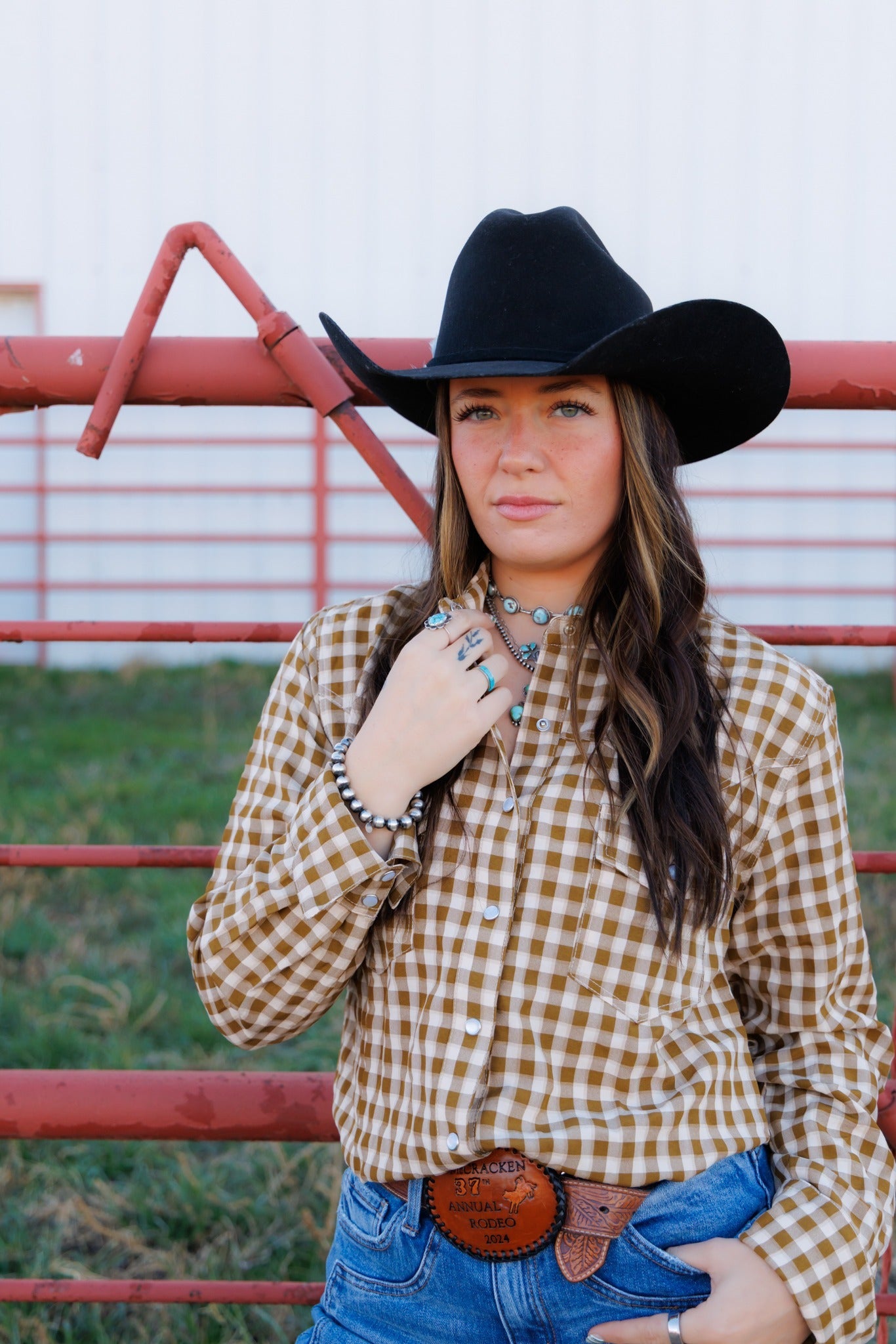 Brown Gingham Pearl Snap