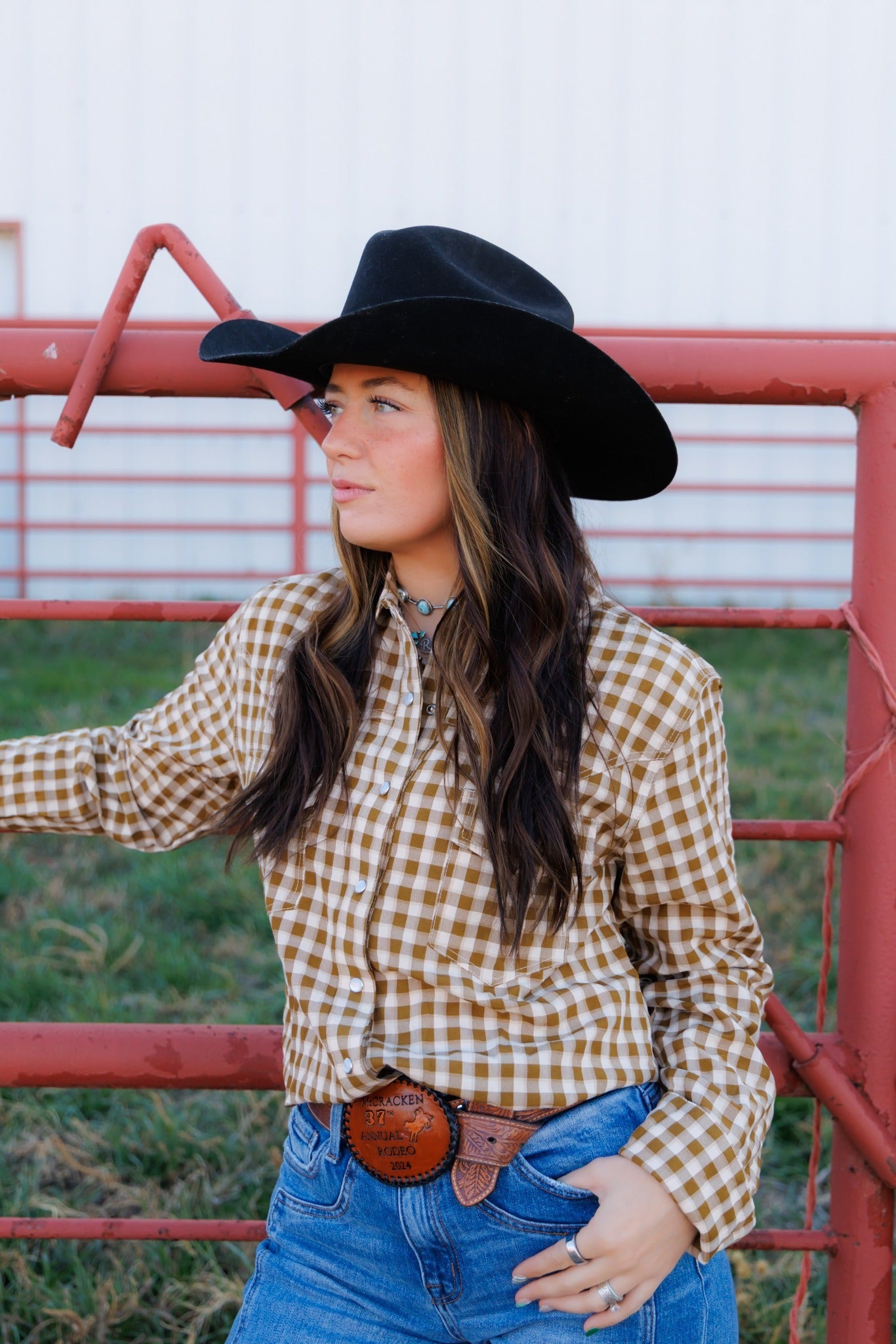 Brown Gingham Pearl Snap